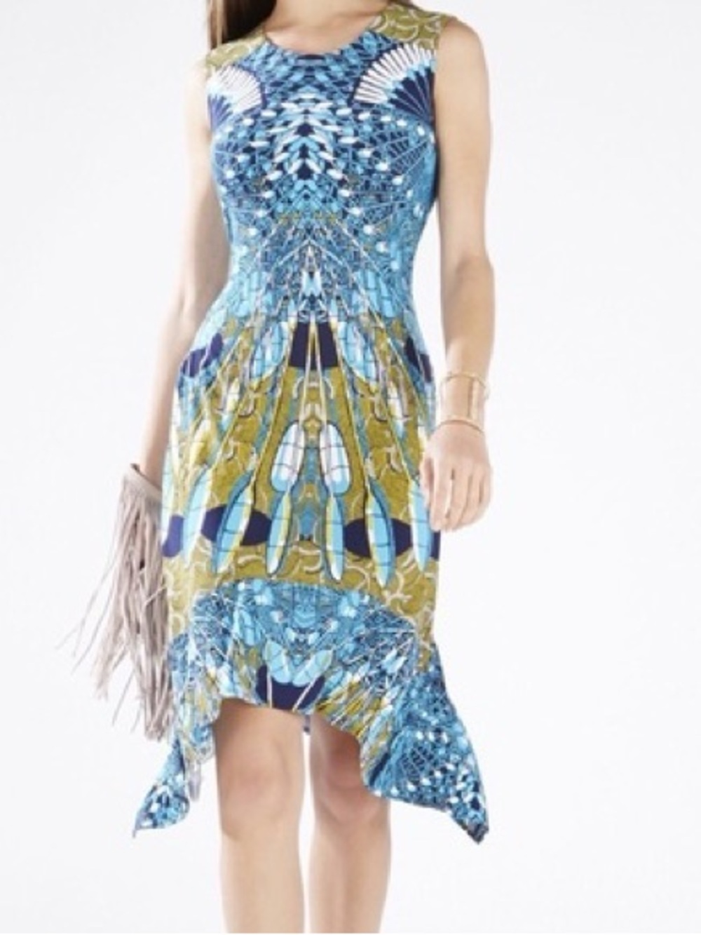 BCBGMaxAzria Teal and Gold High-Low Patterned Sleeveless Dress